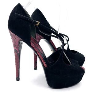 Gucci Platform Heels Black Suede Snakeskin Crisscross Pumps Peep Toe‎ Sz 38 / 8